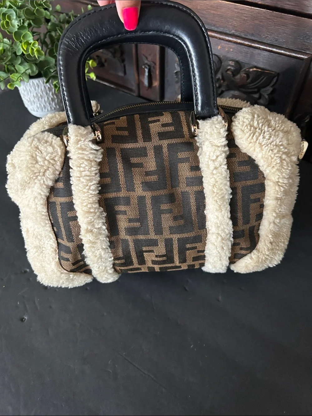 Brown Monogram Satchel with Cream Shearling Trim